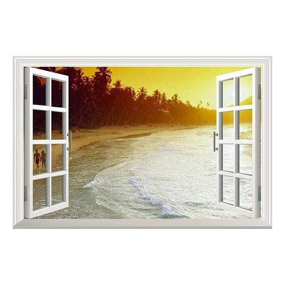 wall26 Beach Waves with Sunset and Palm Trees Open Window Mural Wall Sticker -24"x32"
