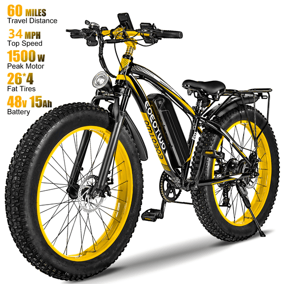 EOEOTWO 1500W Electric Bike for Adults, 26" Fat Tire Mountain Ebike, 34MPH Fast & 60 Miles Long Range, 48V 15Ah Removable Battery, 7-Speed Off-Road All-Terrain Electric Bicycle, Black