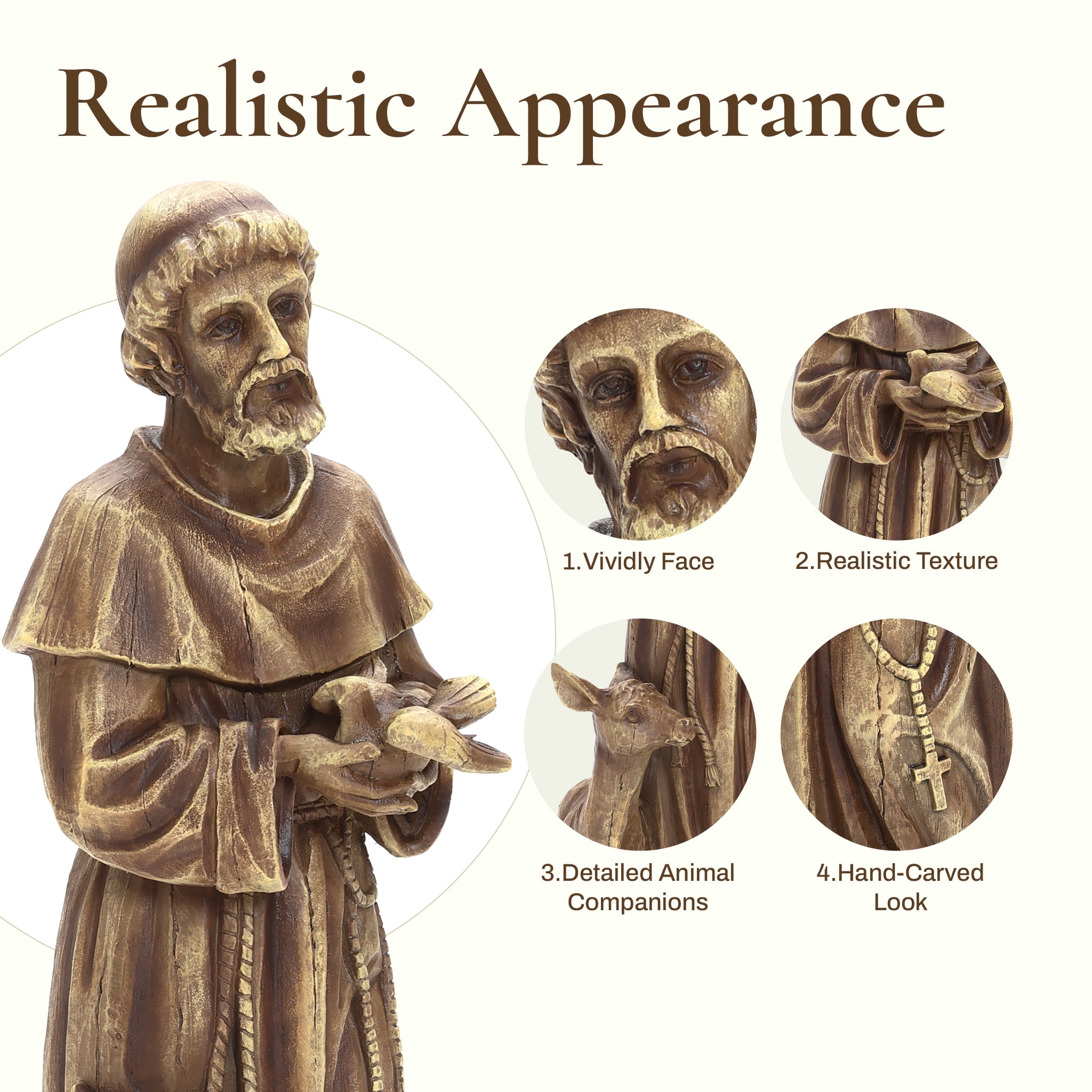 LuxenHome Saint Francis Garden Statue, 25'' Fiber Stone Brown Religious Garden Sculpture, Catholic St. Francis Statue for Patio, Yard, Home, Outdoor Sculptures Decorations