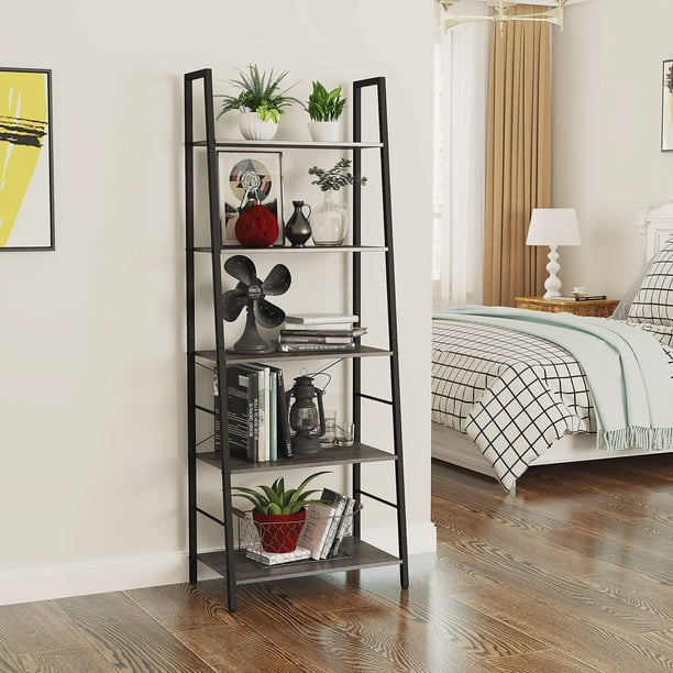 Yusong Bookshelf, Ladder Shelf 5Tier Bookcase for Bedroom, Industrial