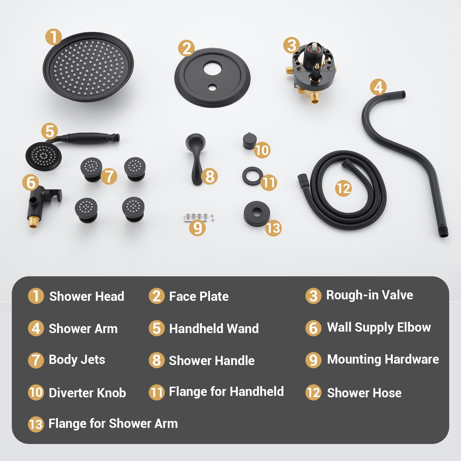 Antique Shower Faucet-Sets Fixtures: 9 inch Wall Rain Head with Handheld Spray and Body Jets, 3 Way Diverter Brass Rough in Valve System Included Trim Kit, Matte Black