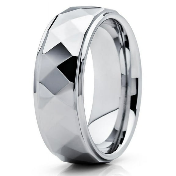 8mm High Polish Silver Tungsten Carbide Wedding Ring Multi Faceted Design Shiny Unisex Band 10