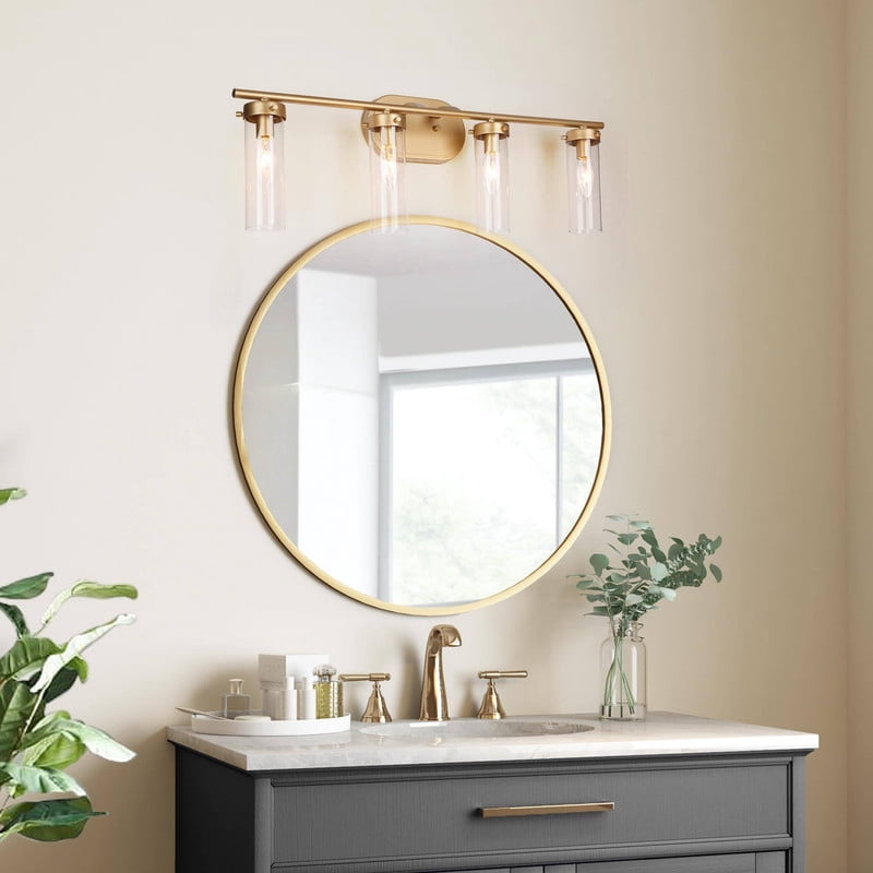 LNC 28-in 4-Light Gold and Clear Glass LED Modern Vanitt Light for Bathroom