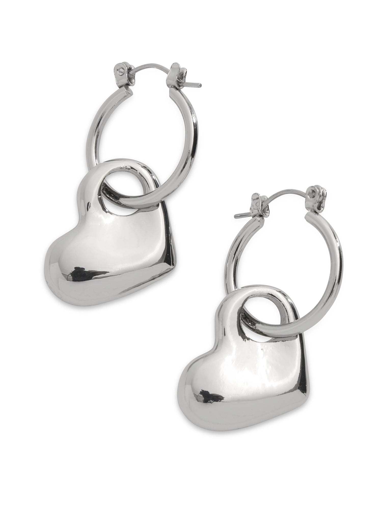 Madden NYC Women's Rhodium Heart Charm Huggie Earrings