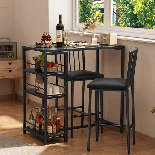 Aiho 36" H Metal Bar Table and Chairs Set for 2 with 3 Storage Shelves for Home Black