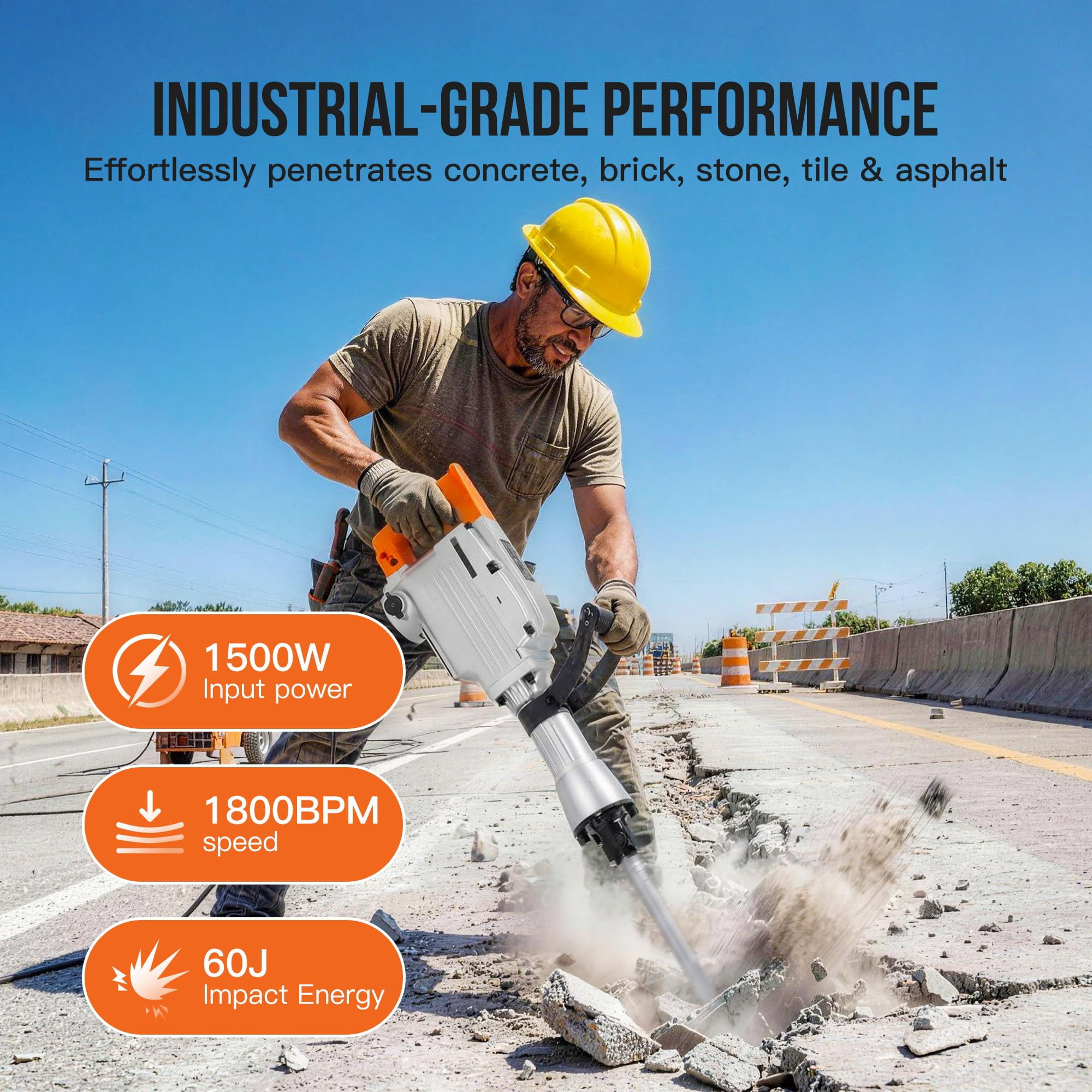 Electric Demolition Jackhammer 1500W Concrete Breaker 1800BPM 50J, Heavy Duty Demolition Hammer with Adjustable Anti-Vibration Handle, Safety Clutch, Carrying Case & 3 Chisels
