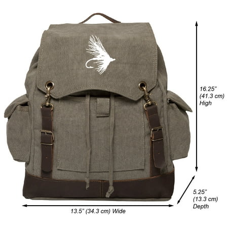 Fly Fishing Lure Hook Vintage Canvas Rucksack Backpack with Leather (Best Fishing Backpack 2019)