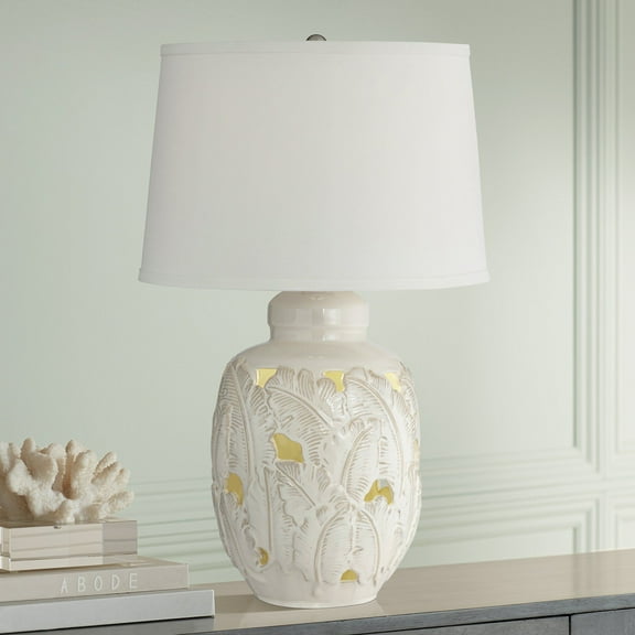 Pacific Coast Lighting Saldiva 25" High Coastal Table Lamp Night Light White Tropical Leaf Pattern Ceramic Single Living Room