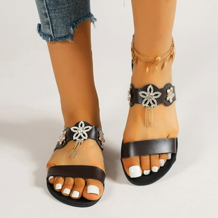 

Yoslce Slippers for Women Fashion Casual Large Size Flat Bottom One-Line Flower Rhinestone Decoration Women s Slippers