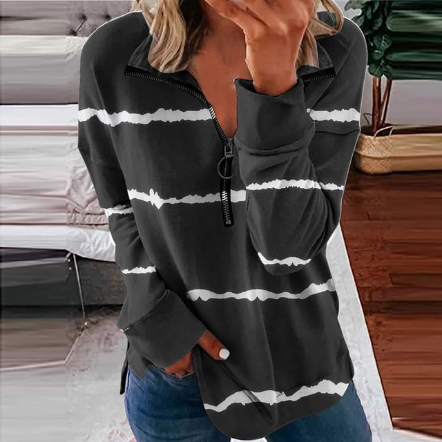 2023 Chandail de Mode pour Femmes Rabais de 50 % Liquidation Mode Ample Col Roulé Imprimé Fermeture Éclair Manches Longues Chandail Haut Blouse