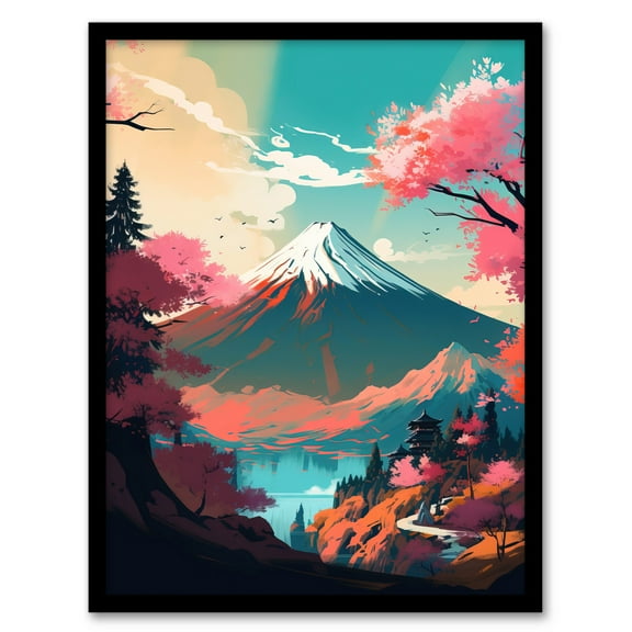 Mount Fuji View Through Cherry Blossom Trees Vibrant Painting Pink Orange Blue Path to Japanese Temple on Tranquil Lake Landscape Art Print Framed Poster Wall Decor 12x16 inch