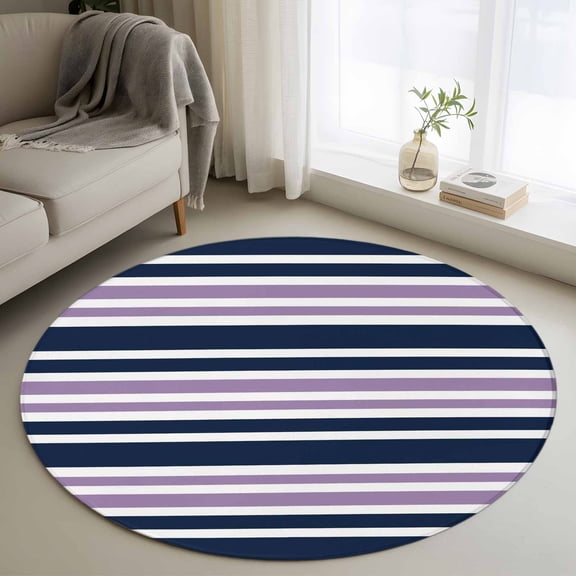 Round Rugs 3Ft, Navy Blue Purple Striped Round Area Rug Washable Indoor Throw Carpet, Gradient Horizontal Lines Small Non Slip Circle Rug for Bedroom Living Room Home Decor Aesthetic