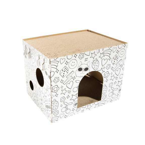 Oodles Customizable Doodle 1-Story Indoor Cardboard Cat Scratcher House with Durable Corrugated Scratching Pads, Multicolored, One Size