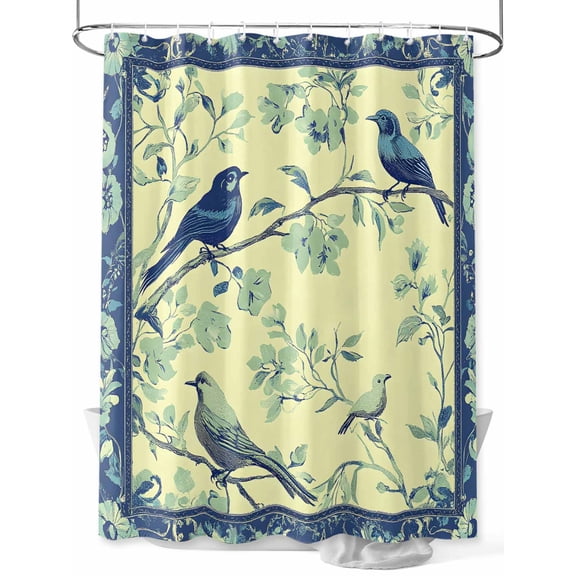 Fsddascl Vintage Bird Floral Shower Curtain Set - 48" x 72" Washable Bathtub Curtain with 12 Hooks, Yellow Blue Branch Waterproof Fabric Stall Shower Curtains for Bathroom/Bathtub Décor
