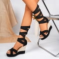 thumbnail image 4 of Knee High Strappy Wedge Sandal for Women with Back Zipper Open Toe Elastic Strap Platform Heels Walking Shoes Black Size 7, 4 of 6