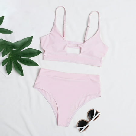 Ovticza Women Bikini Sets High Waisted Bathing Suit - Cutout Two Piece Swimsuit Tummy Control Cheeky Modest Neon Bikini Pink S