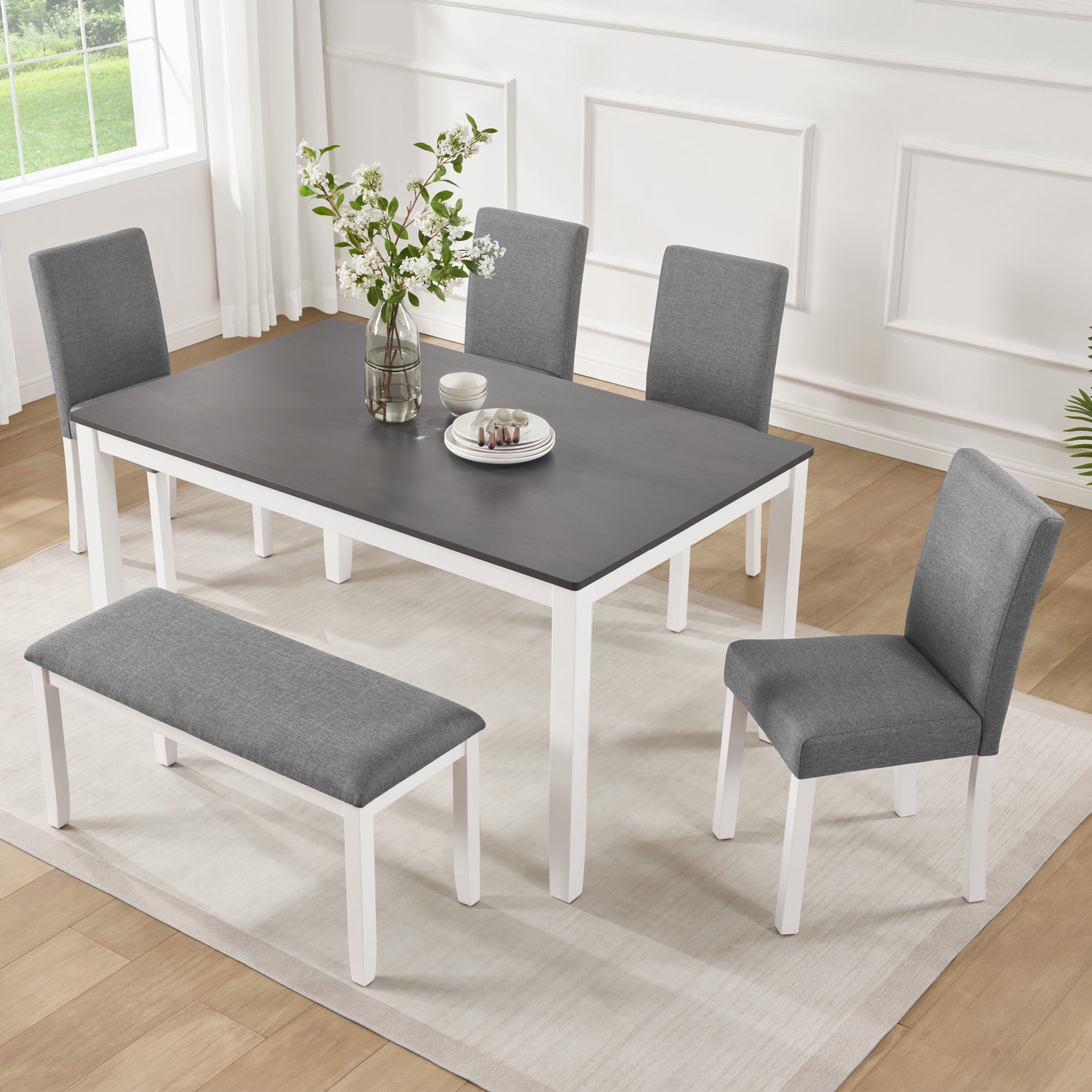 PORKISS Dining Table Set for 6, Farmhouse Dining Table Set with 4 Upholstered Chairs and Bench, Solid Wood Rectangular Dining Set of 6 People for Kitchen, Dining Room, Gray + White