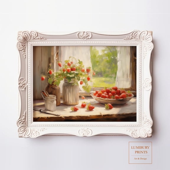Vintage Strawberry Kitchen Print, Rustic Farmhouse Wall Art, Botanical Fruit Decor, Cottagecore Dining Print, Country Home Home Decor #2312, Unframed Poster Size 8x12