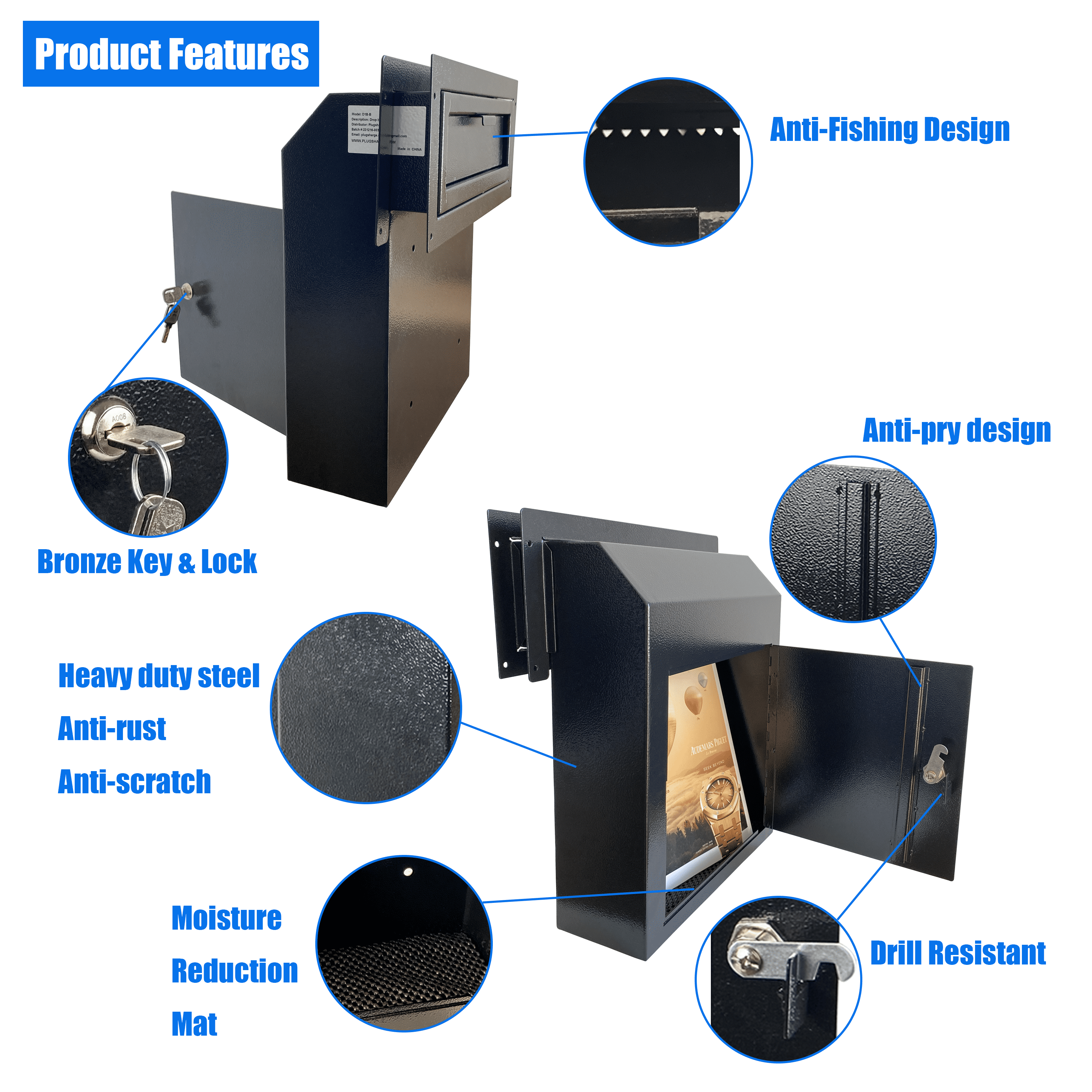 Plugsharge Through The Door Mail Drop Box - 1.5mm Steel Payment Dropbox - Door Mount Theft Proof Mailbox - Locking Deposit Drop Box for Night Key, Deposit, Cash, and Rent, Black