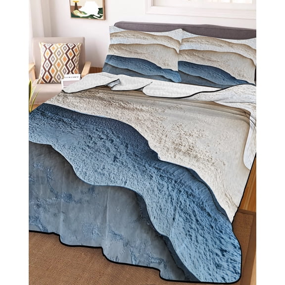 Blue Beige Queen Size Down Alternative Comforter, Lightweight Comforter Quilt Bedding Set with Pillow Shams Modern Coastal Wave Abstract Art All Seasons Bed Comforter Duvet Insert 90"x96"