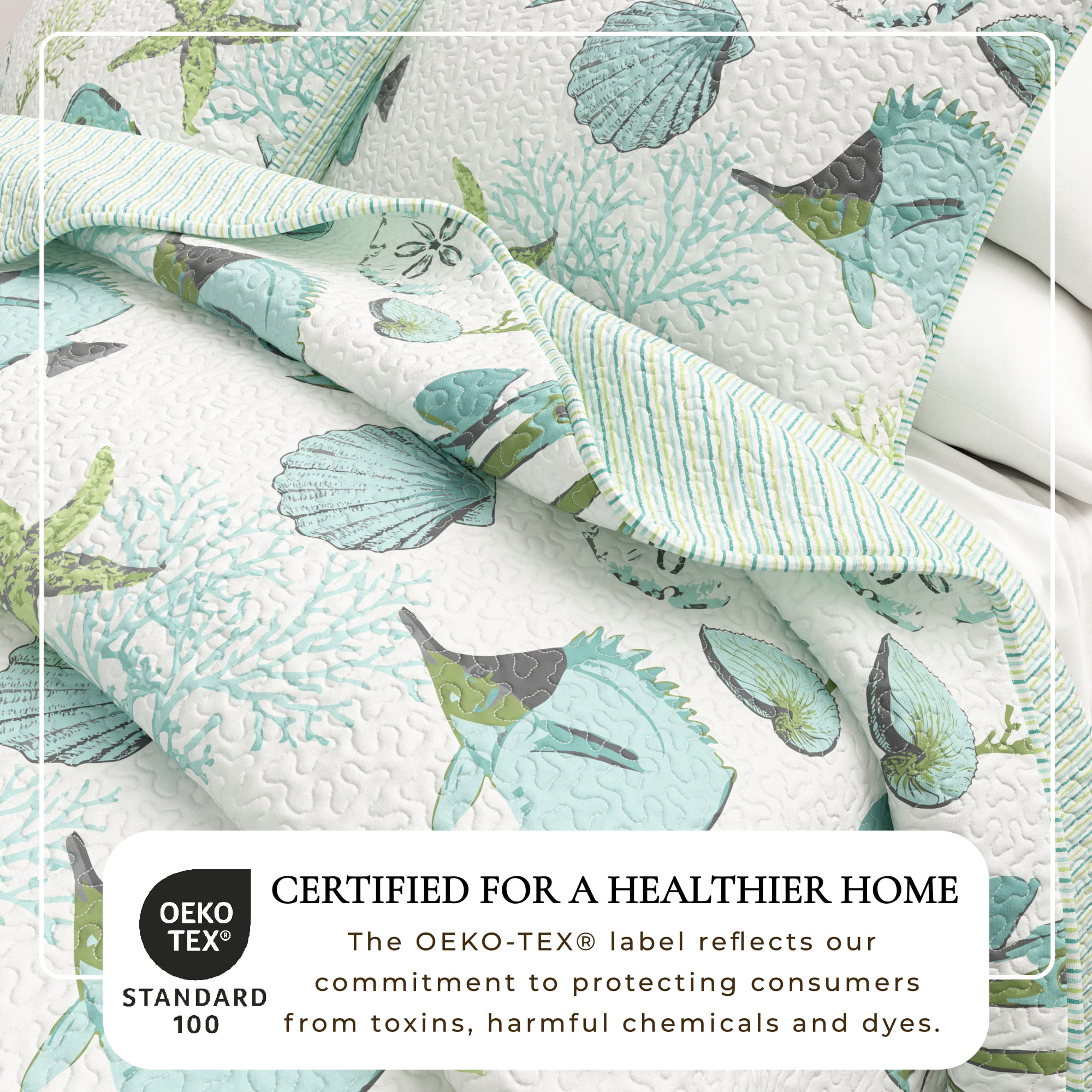 Coastal Quilt Set - Lightweight, Soft, All-Season - 3-Piece Reversible Bedding Set (King / California King, Fish & Coral)