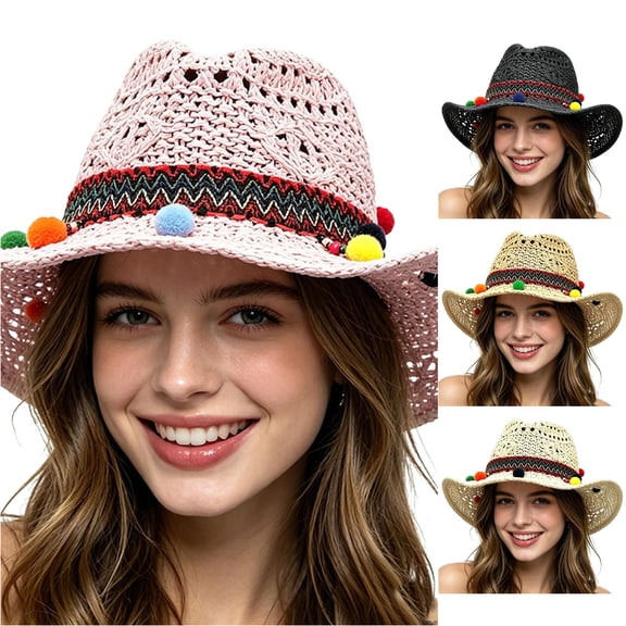 XIAOCHA Women's Breathable Straw Cowboy Hat Solid Wide Brim Western Hats Outdoor Rodeo Wide Brim Western Hat,Light Pink