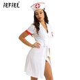 thumbnail image 2 of Disfraz de enfermera para mujer, disfraz de Halloween, traje de cosplay, cuello de solapa, manga corta, vestido de uniforme abotonado con cinturón y sombrero, 2 of 5