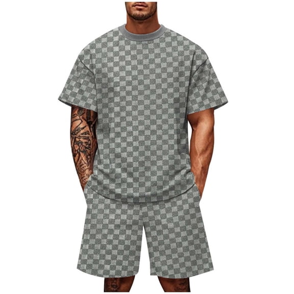 JIKNTTR Men's 2 Piece Casual Set Summer Loose Jacquard Solid Color Checkerboard Round Neck Shorts Short Sleeve T Shirt Set Two Sets Casual Beach Shorts Suit
