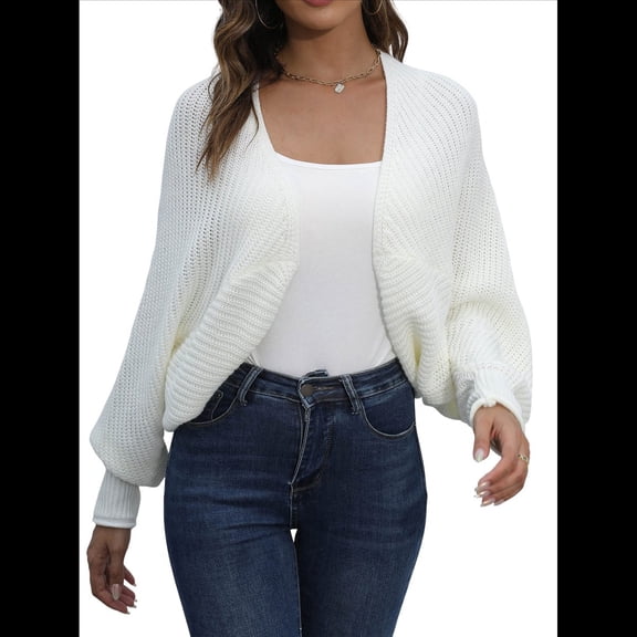 Women's Shrugs Long Batwing Sleeve Knitted Cropped- Open Front Casual Elegant Cardigan for Dresses White M