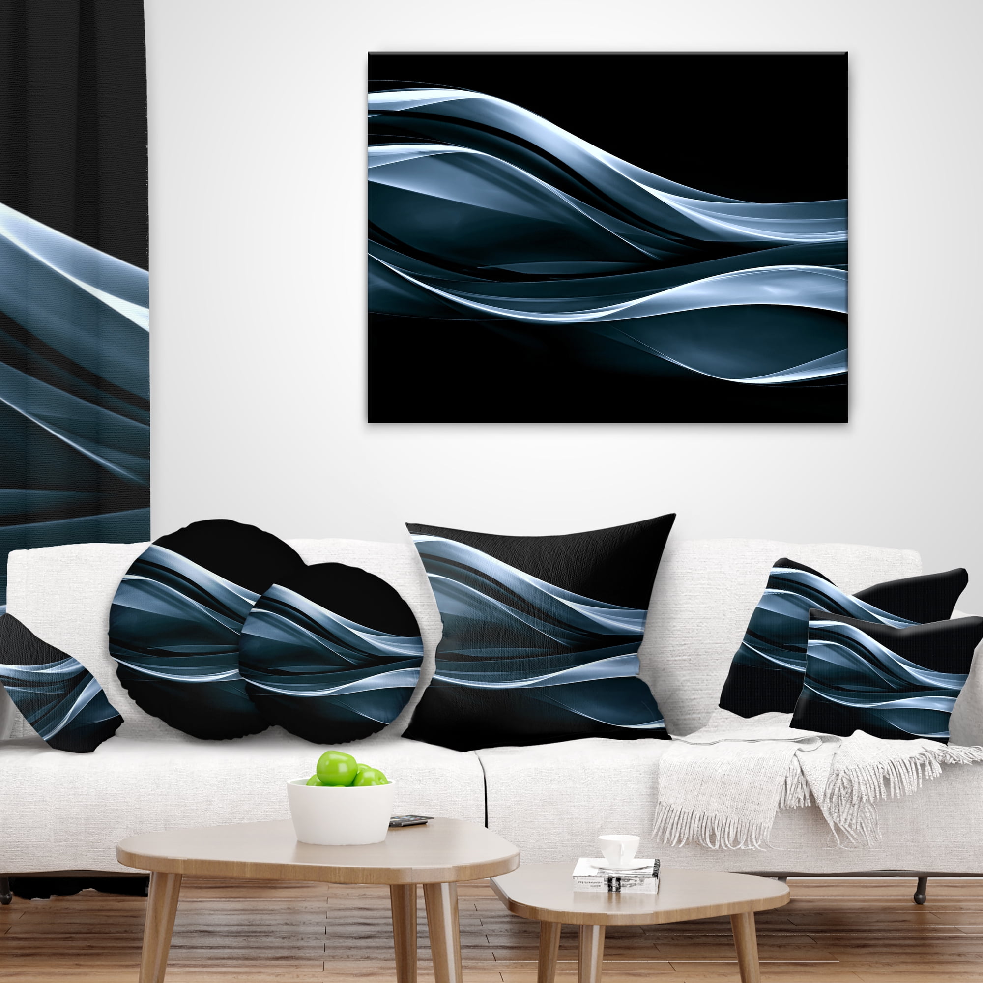 Designart Fractal Lines Blue in Black - Abstract Throw Pillow - 18x18