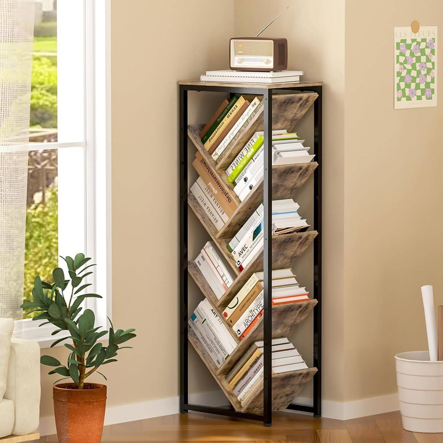 9-Tier Floor Standing Tree Bookshelf for Hardcover Books – Wooden & Metal Book Storage Organizer for Bedroom or Living Room