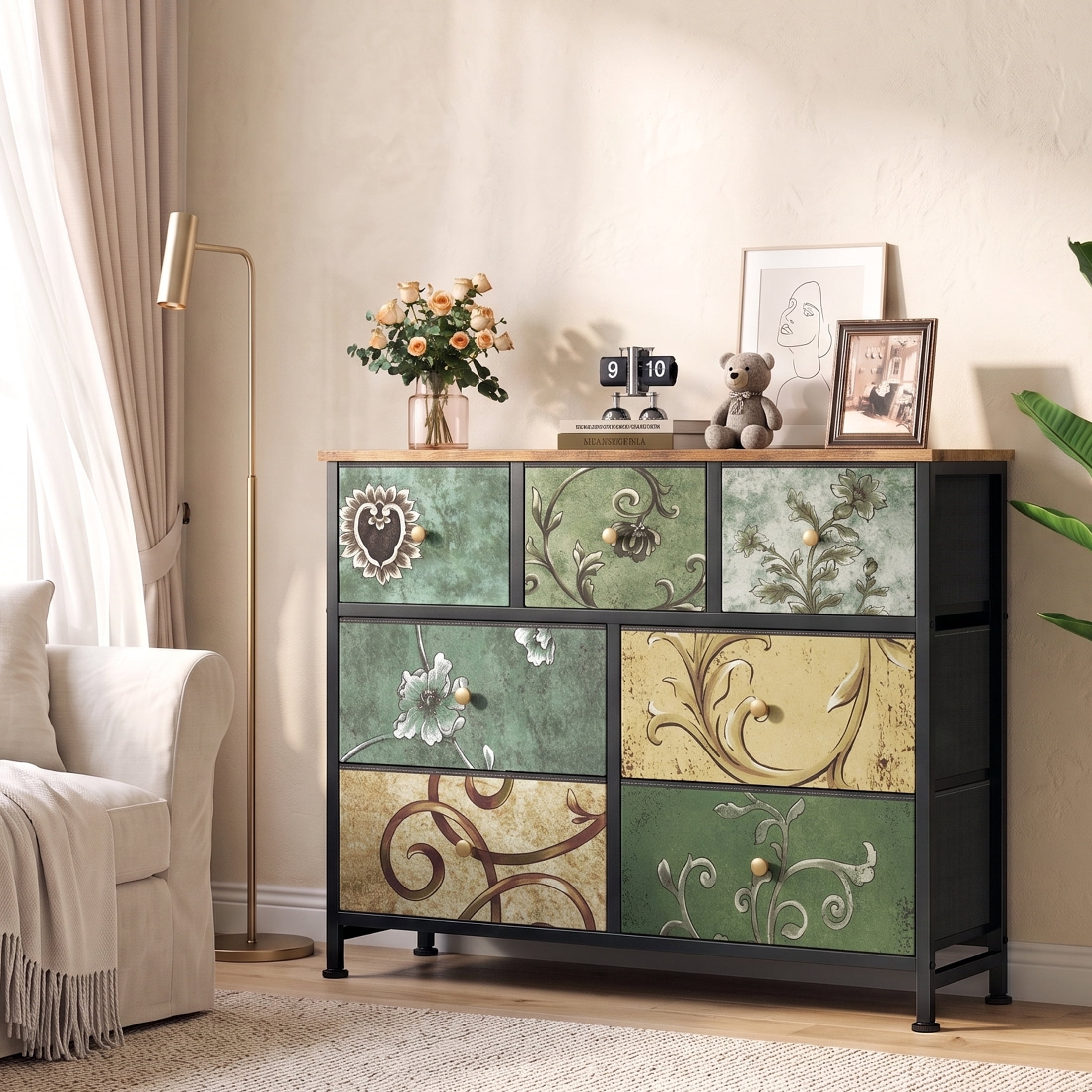 Gianna Chest of Drawers with 7 Fabric Drawers, Drawer Cabinet, Organization Furniture for Kitchen, Office, Hallway, Floral Painted