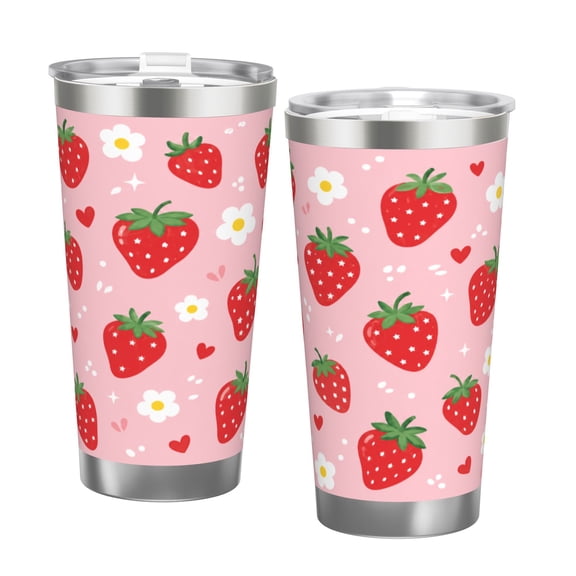 20oz Cute Strawberry Floral Tumbler with Handle Stainless Steel Insulated Travel Coffee Cup Gift with Double Silver Rim