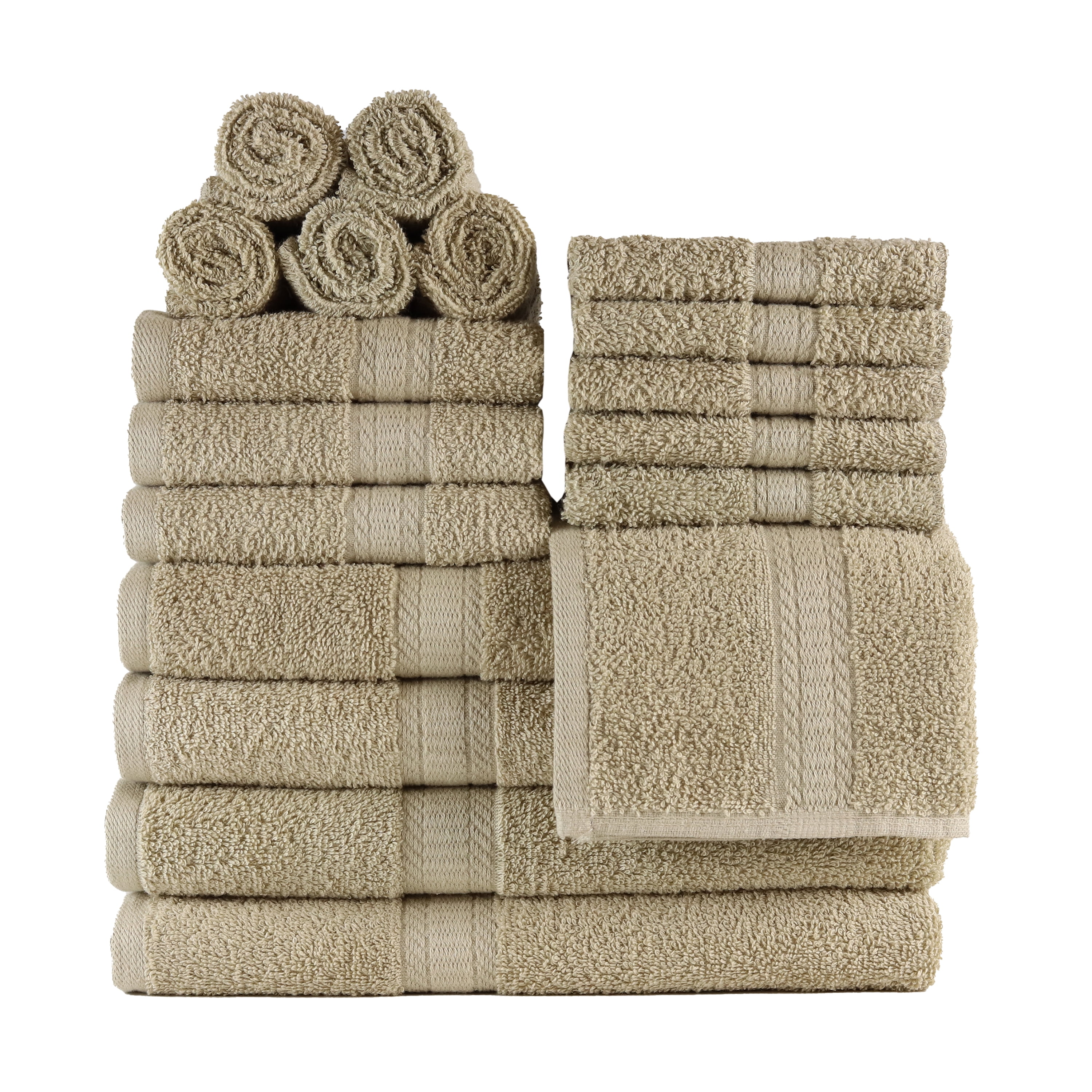 Mainstay Brandclub Mainstays 18 Piece 100 Cotton Towel Set 4 Bath 4 Hand and 10 Washcloths Super Soft and Highly Absorbent Basic Solid Towel Set for Bathroom Hotels Spa and Gym Tan