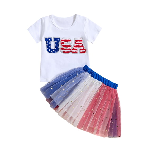 Aojekbee Girls 4th of July Outfit Short Sleeve O Neck Letter Embroidery Tops Tulle Skirt Set