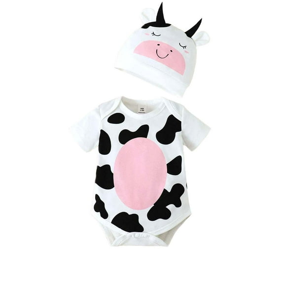 Kucnuzki Newborn Baby Girl Clothes 1 Months Summer Bodysuit 3 Months Short Sleeve Cute Cow Pattern Prints Rompers Bodysuit Hat 2PCS Set White