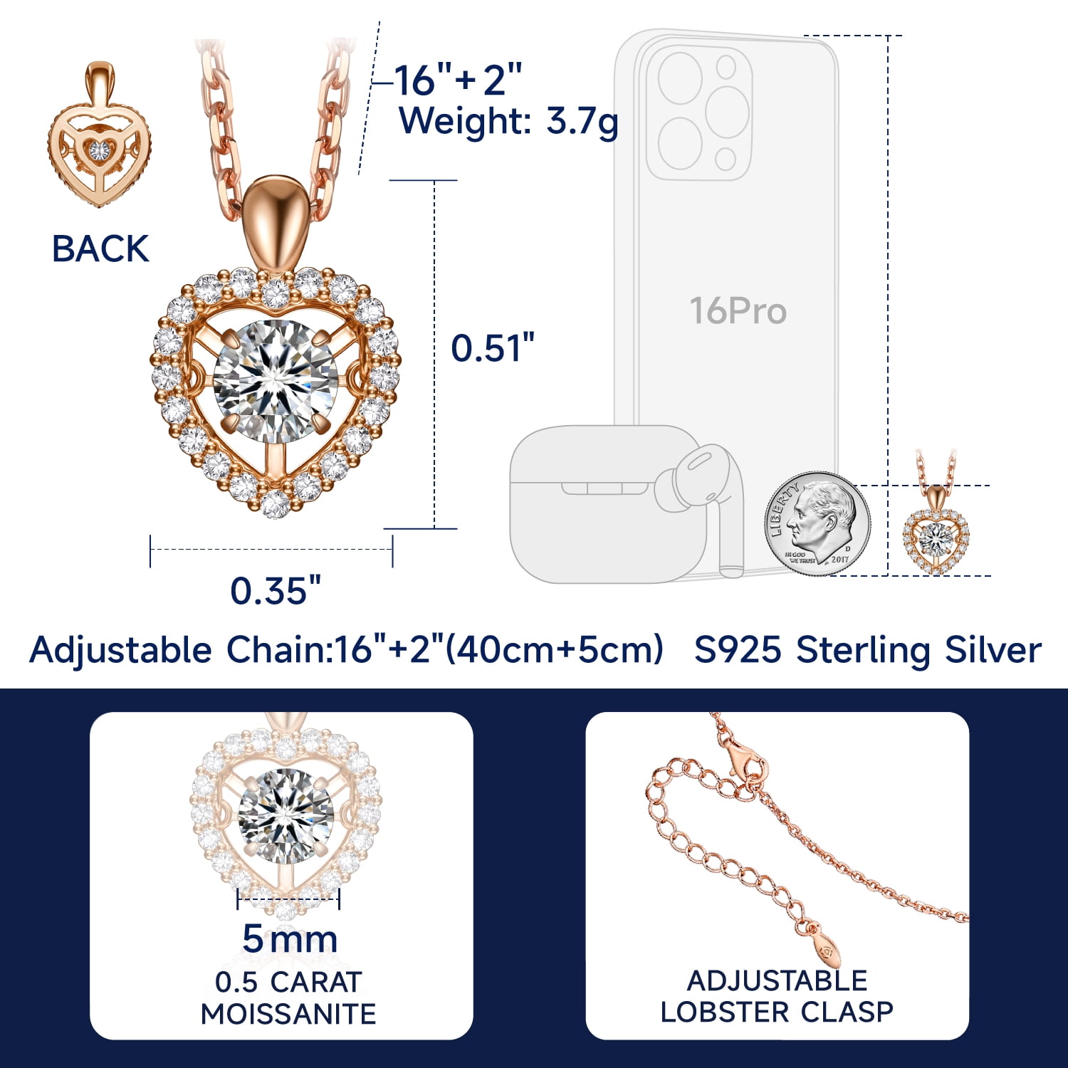 MomentWish Round Cut Simulated Diamond Pendant Necklace Rose Gold Plated Moissanite Dance Necklace for Women