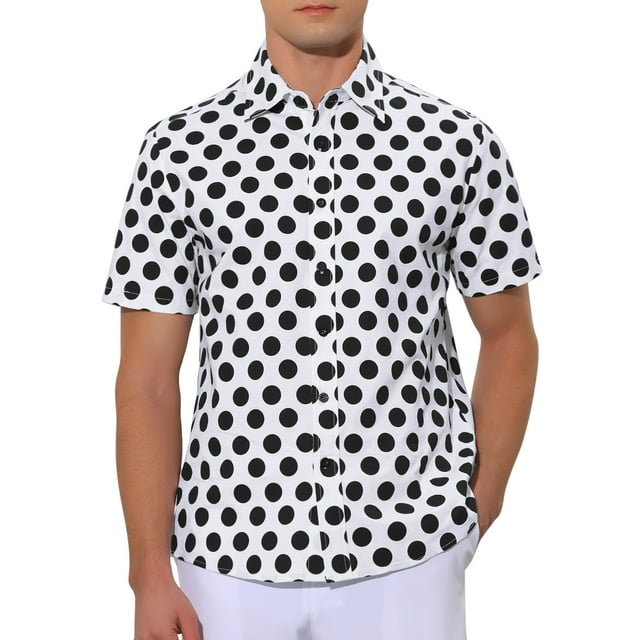 Camisa de vestir de manga corta con cuello de punto para hombre, estampado de lunares INSPIRE CHIC, L blanca