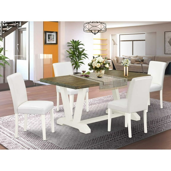 East West Furniture V-Style 5-piece Dining Table and Leather Chairs in White