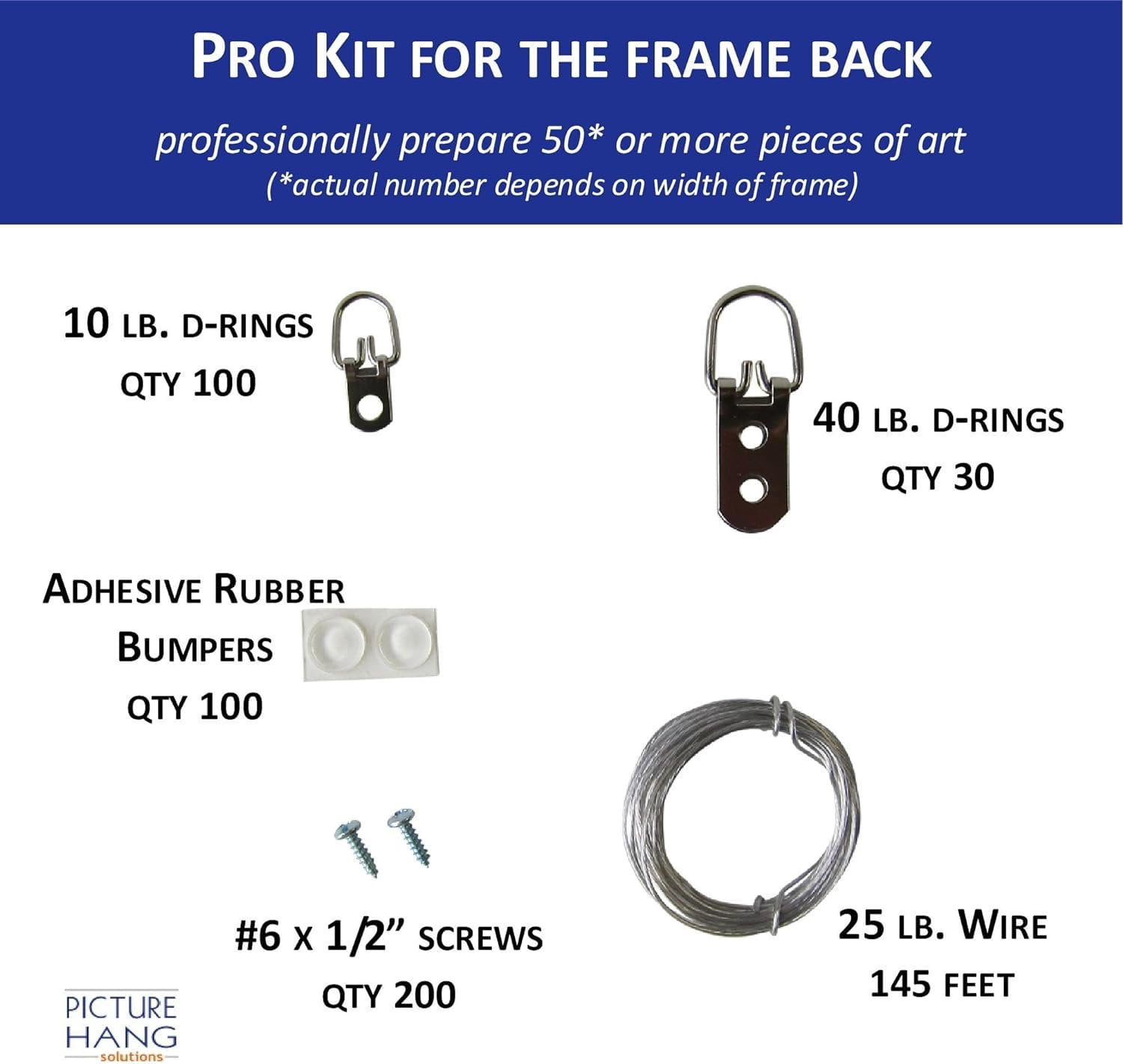 Picture Hang Solutions - Picture Hanging Kit - Includes D-rings, Picture Wire, and Bumpers (Hangs 50 frames)