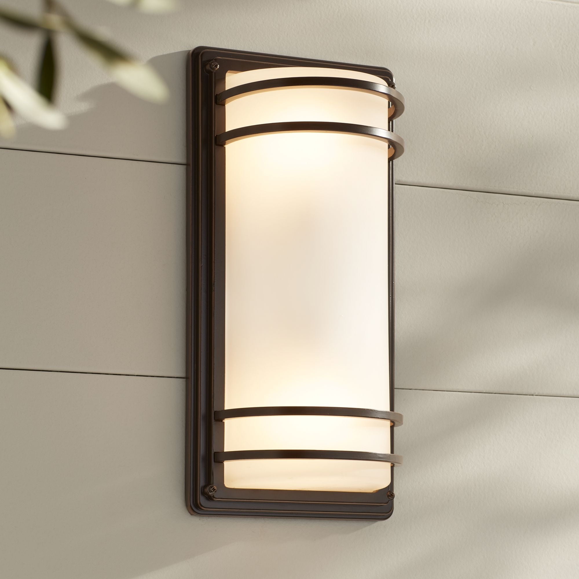 John Timberland Habitat Modern Industrial Outdoor Wall Light Fixtures Set of 2 Rubbed Bronze 16" Opal Glass for Post Exterior Barn Deck