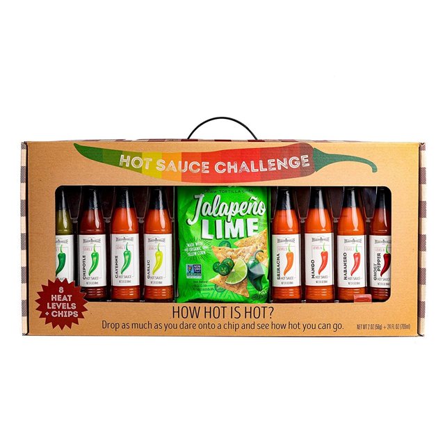 Maud Borup 8 Pack Hot Sauce Challenge with Chips Gift Set, Flavors