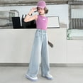 thumbnail image 4 of Kids Girls Jeans Denim Elastic Wasit Wide Leg Jeans Teen Jeans for Little Girls 10-11 Years, 4 of 9