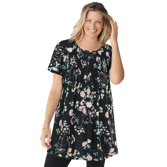 Woman Within Plus Size Short-Sleeve Pintucked Henley Tunic