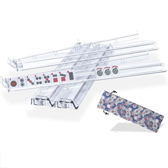 Clear Acrylic Mahjong Racks with Pushers Set of 4, All-in-One Tile Rack & Pusher Combo, White
