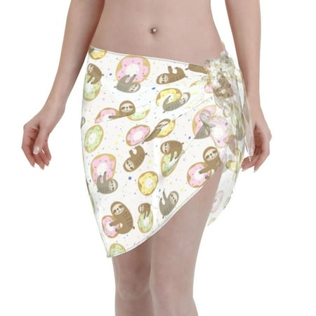 Qekee Donut Sloth Women s Short Sarongs Cover Ups Sheer Bikini Wraps for Swimwear