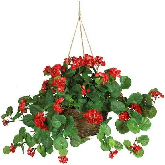 Nearly Natural 24" Geranium Hanging Basket Artificial Plant, Red and Green