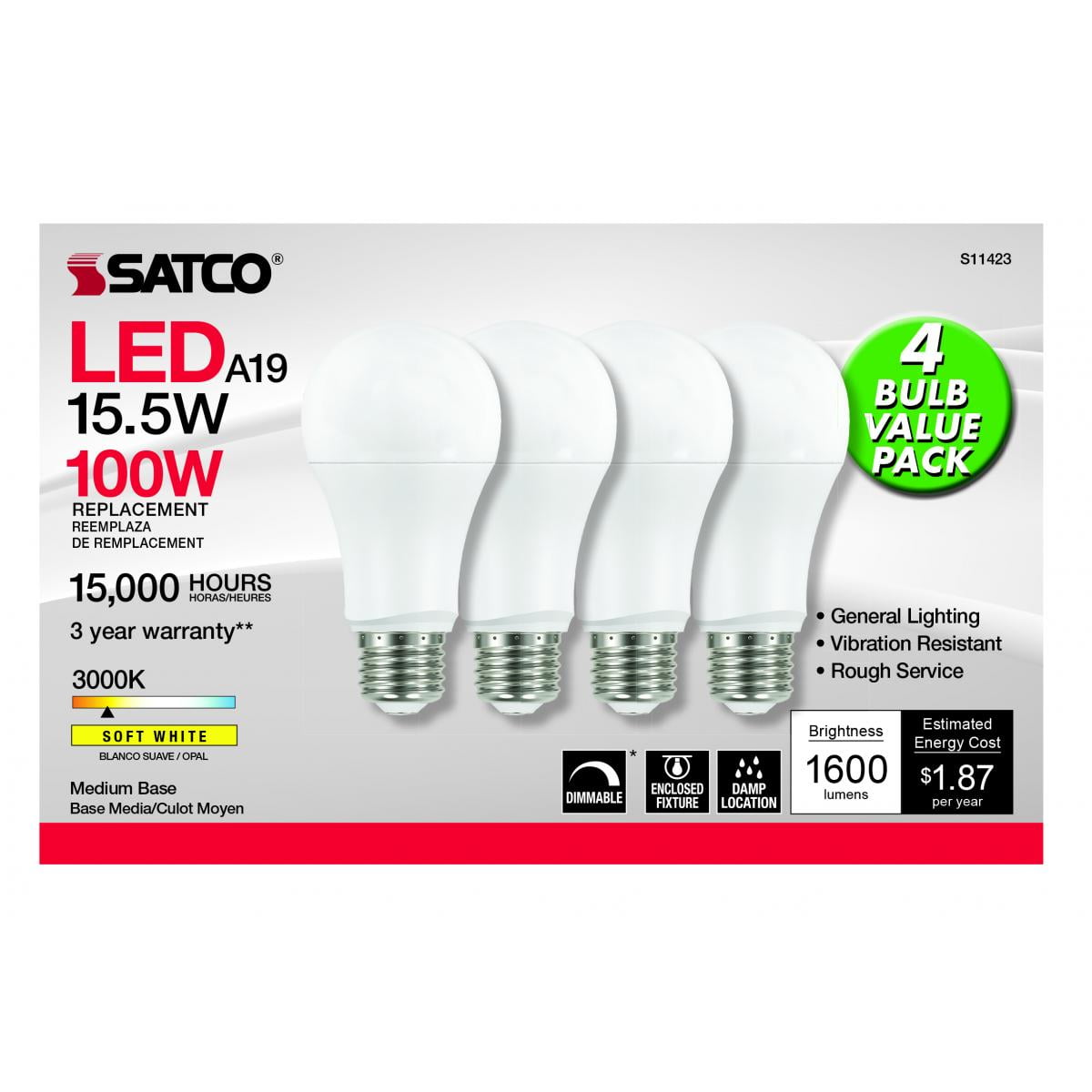 Satco Lighting S11423 15.5 Watt Dimmable A19 Medium (E26) Led Bulbs (Pack of 4)