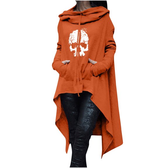 ZGRBOU Womens Goth High Low Hoodie Halloween Skull Print Long Sleeve Tunic Crew Neck Pleated Hooded Sweatshirt