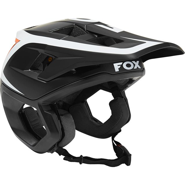 casco fox racing dropframe pro para bicicleta de montaña Black X-Large, 750 g, vista 3/4 derecha con visera fija y logo FOX, carcasa negra con detalle blanco, forro Varizorb EPS de doble densidad visible, 8 entradas Big Bore y 7 salidas de ventilación, hebilla Fidlock SNAP en la correa y almohadillas extra para ajuste; ideal para enduro/trail y a menudo usado en recorridos de descenso técnico.